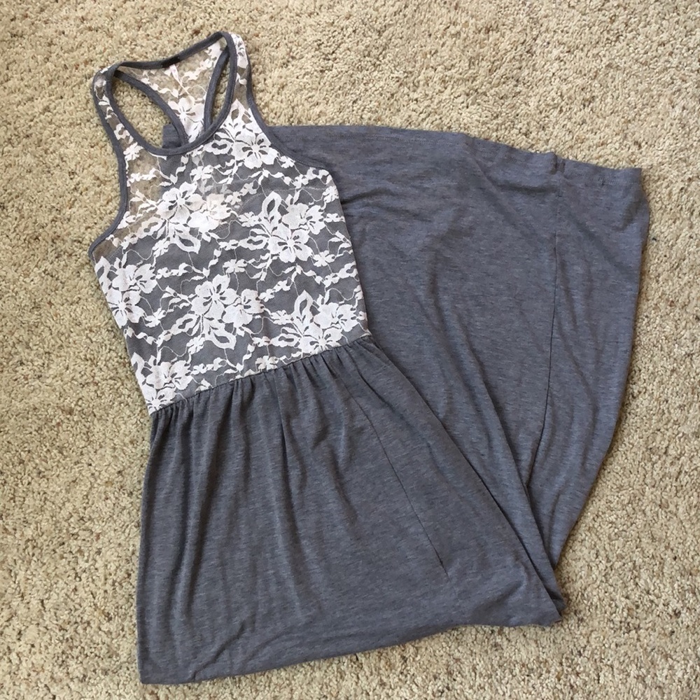 Poof! Gray Maxi Dress with White Lace Bodice